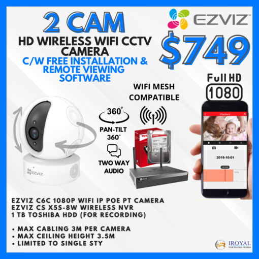 EZVIZ C6C Smart WiFi IP CCTV Solution – 2 CAM Package | IR Night Vision | with Installation | Full HD 1080 | 24Hrs Recording
