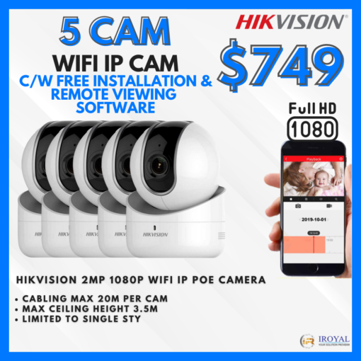 HIKVISION DS-2CV2Q01FD-IW WIFI IP Camera Solution – 5 CAM Package | IR Night Vision | with Installation | Full HD 1080 | 24Hrs Recording