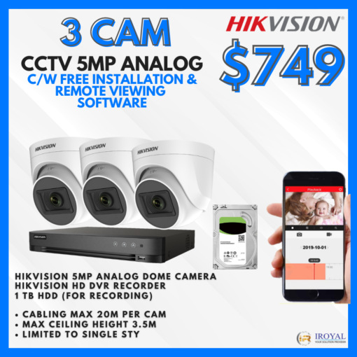 HIKVISION DS-2CE76H0T-ITPF(C) 5MP Ultra HD CCTV Camera Solution – 3 CAM Package | IR Night Vision | with Installation | Full HD 1080 | 24Hrs Recording