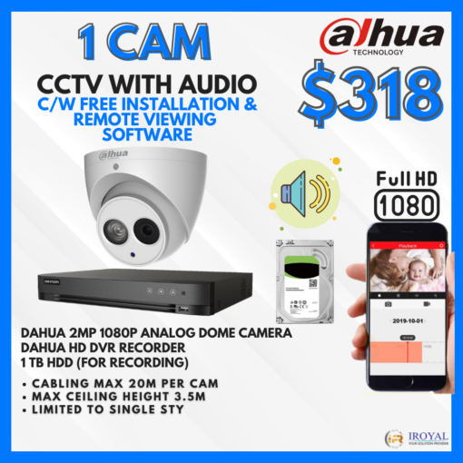 Dahua DH-HAC-HDW1200EM-A HD CCTV Camera Solution – 1 CAM Package | IR Night Vision | with Installation | Full HD 1080 | 24Hrs Recording