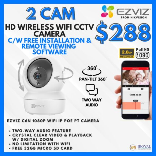 EZVIZ C6N Smart WiFi IP PT CCTV Solution – 2 CAM Package | IR Night Vision | with Installation | Full HD 1080 | 24Hrs Recording