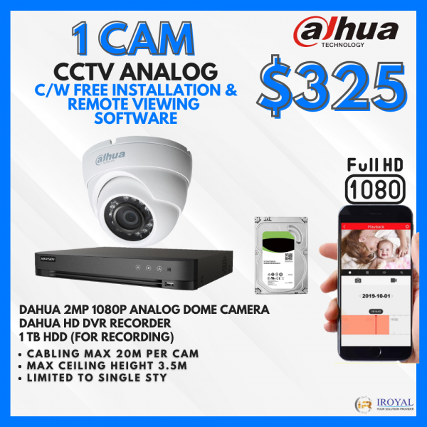 Dahua DH-HAC-HDW1200M HD CCTV Camera Solution – 1 CAM Package | IR Night Vision | with Installation | Full HD 1080 | 24Hrs Recording
