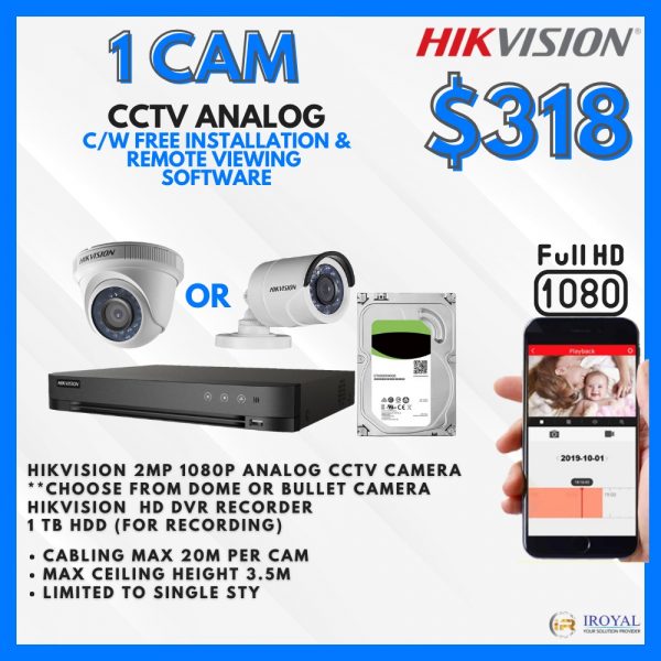HIKVISION DS-2CE56C0T-IRF HD CCTV Camera Solution - 1 CAM Package | IR Night Vision | with Installation | Full HD 1080 | 24Hrs Recording