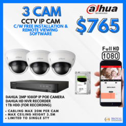 DAHUA DH-ED125-L CCTV Solution POE Network IP Package – 3 CAM Package | IR Night Vision | with Installation | Full HD 1080 | 24Hrs Recording