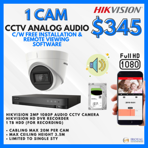HIKVISION DS-2CE78D0T-IT3FS Analog Audio CCTV Camera Solution – 1 CAM Package | IR Night Vision | with Installation | Full HD 1080 | 24Hrs Recording