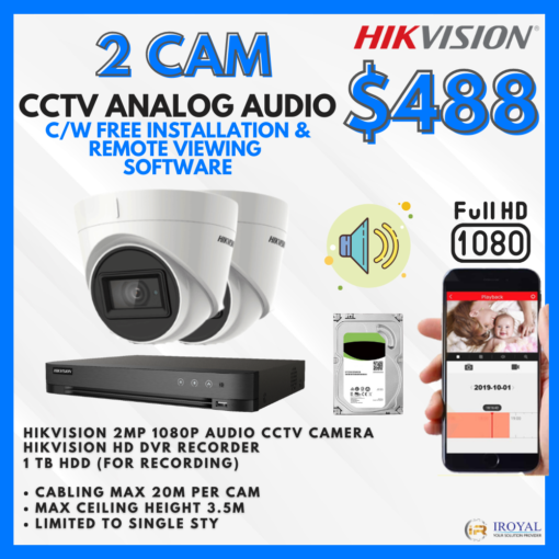 HIKVISION DS-2CE78D0T-IT3FS Analog Audio CCTV Camera Solution – 2 CAM Package | IR Night Vision | with Installation | Full HD 1080 | 24Hrs Recording