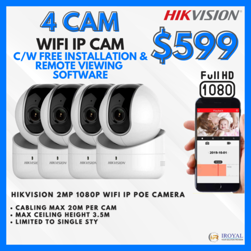 HIKVISION DS-2CV2Q01FD-IW WIFI IP Camera Solution – 4 CAM Package | IR Night Vision | with Installation | Full HD 1080 | 24Hrs Recording