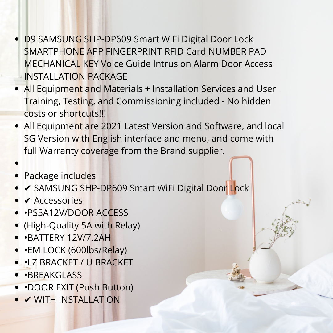SAMSUNG SHP-DP609 Smart WiFi Digital Door Lock SMARTPHONE APP FINGERPRINT RFID Card NUMBER PAD MECHANICAL KEY Voice Guide Intrusion Alarm Door Access INSTALLATION PACKAGE