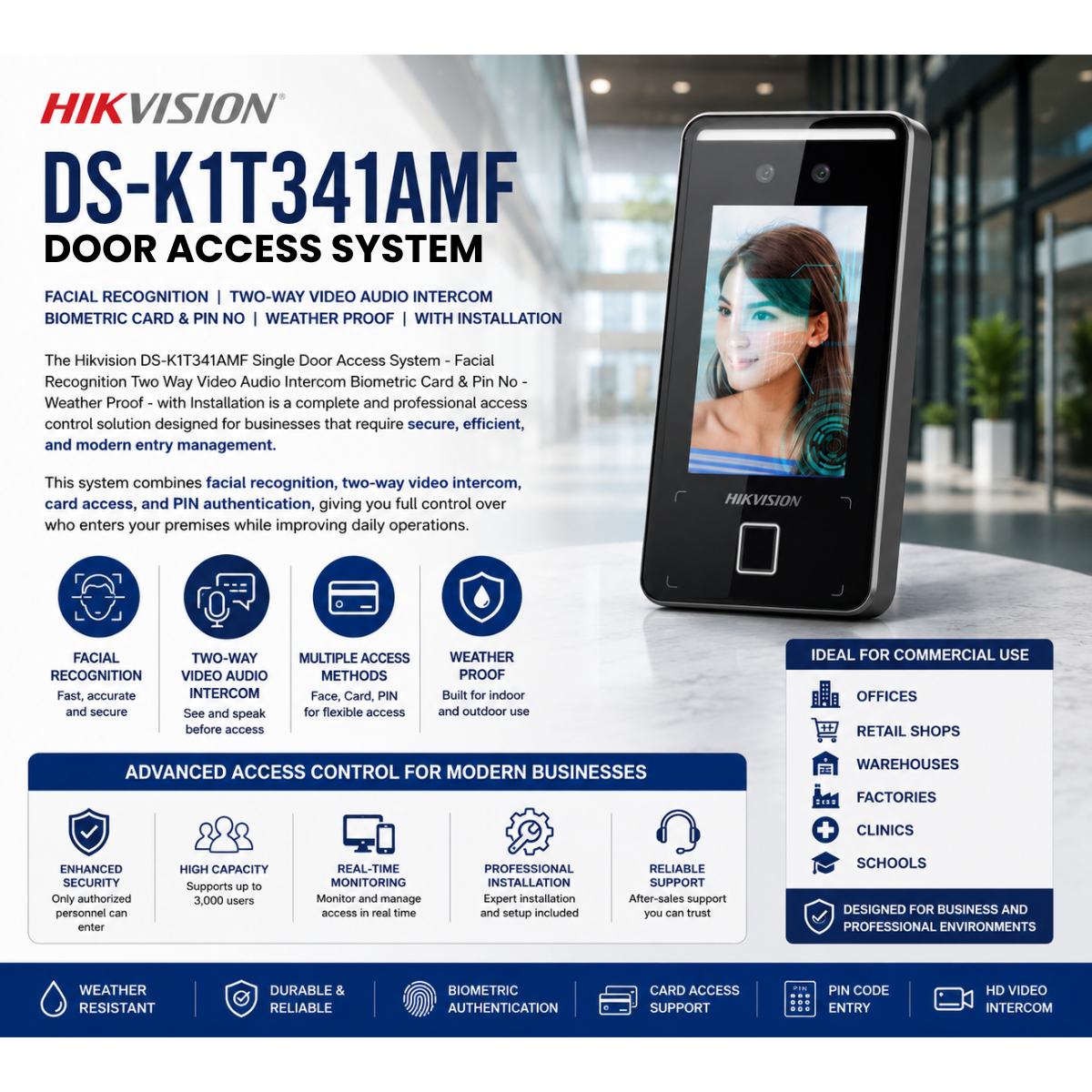 Hikvision DS-K1T341AMF Single Door Access System - Facial Recognition Two Way Video Audio Intercom Biometric Card & Pin No | Weather Proof | Fast and Secure Installation! 4 Hikvision DS K1T341AMF (2)