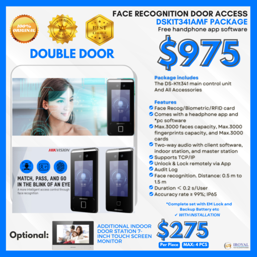 Hikvision Double Door Facial Recognition FACE MASK WEARING ALERT Two Way Video Audio Intercom, Max 3000 Users & TIME ATTENDANCE Module (Optional) Door Access DS-K1T341AMF PACKAGE