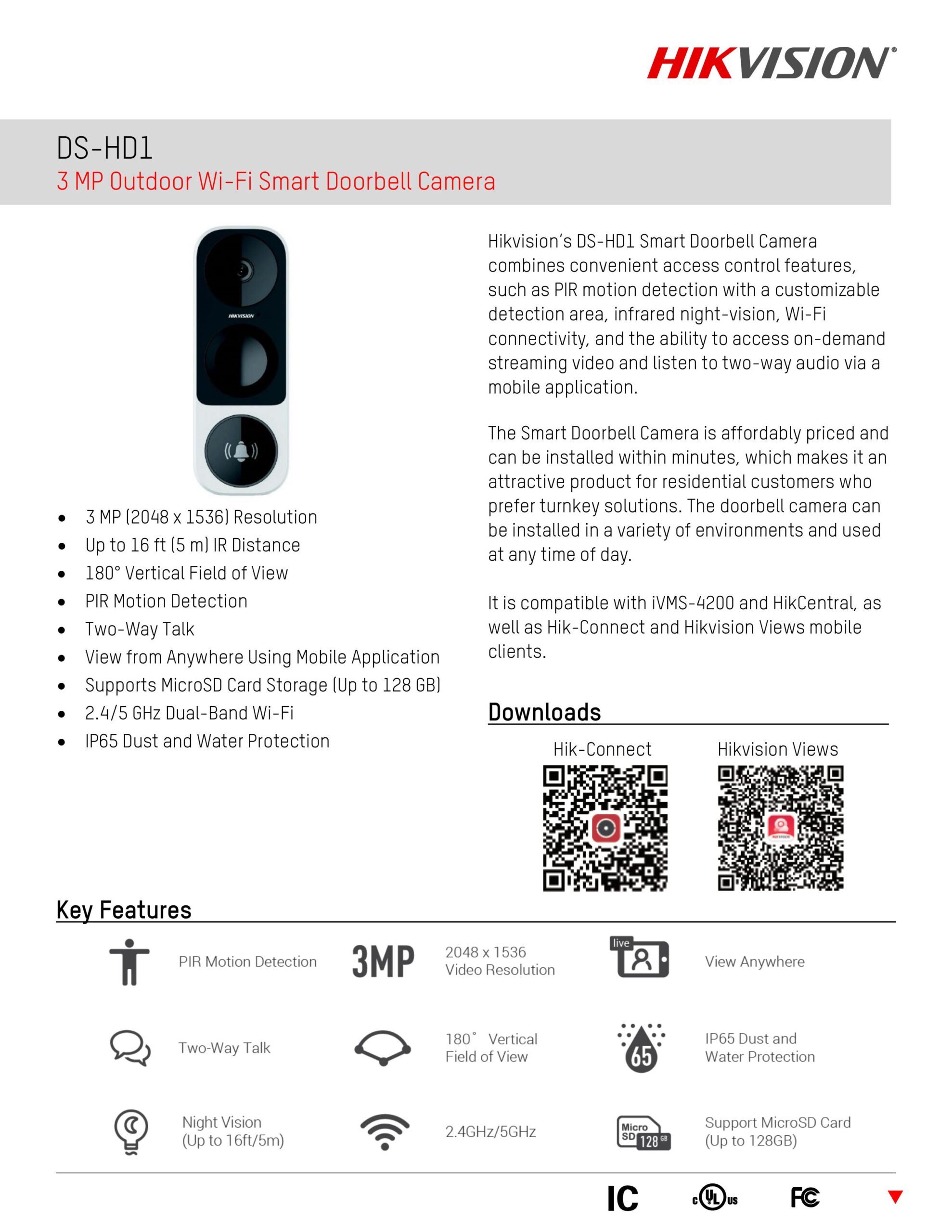 Door Access INSTALLATION PACKAGE Hikvision DS-HD1 3MP Outdoor Wi-Fi Smart Doorbell Camera