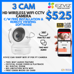 EZVIZ C6N Smart WiFi IP PT CCTV Solution – 3 CAM Package | IR Night Vision | with Installation | Full HD 1080 | 24Hrs Recording | 128GB