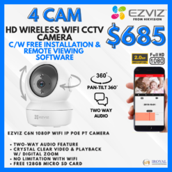 EZVIZ C6N Smart WiFi IP PT CCTV Solution – 4 CAM Package | IR Night Vision | with Installation | Full HD 1080 | 24Hrs Recording | 128GB