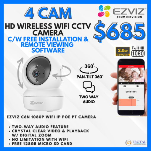 EZVIZ C6N Smart WiFi IP PT CCTV Solution – 4 CAM Package | IR Night Vision | with Installation | Full HD 1080 | 24Hrs Recording | 128GB