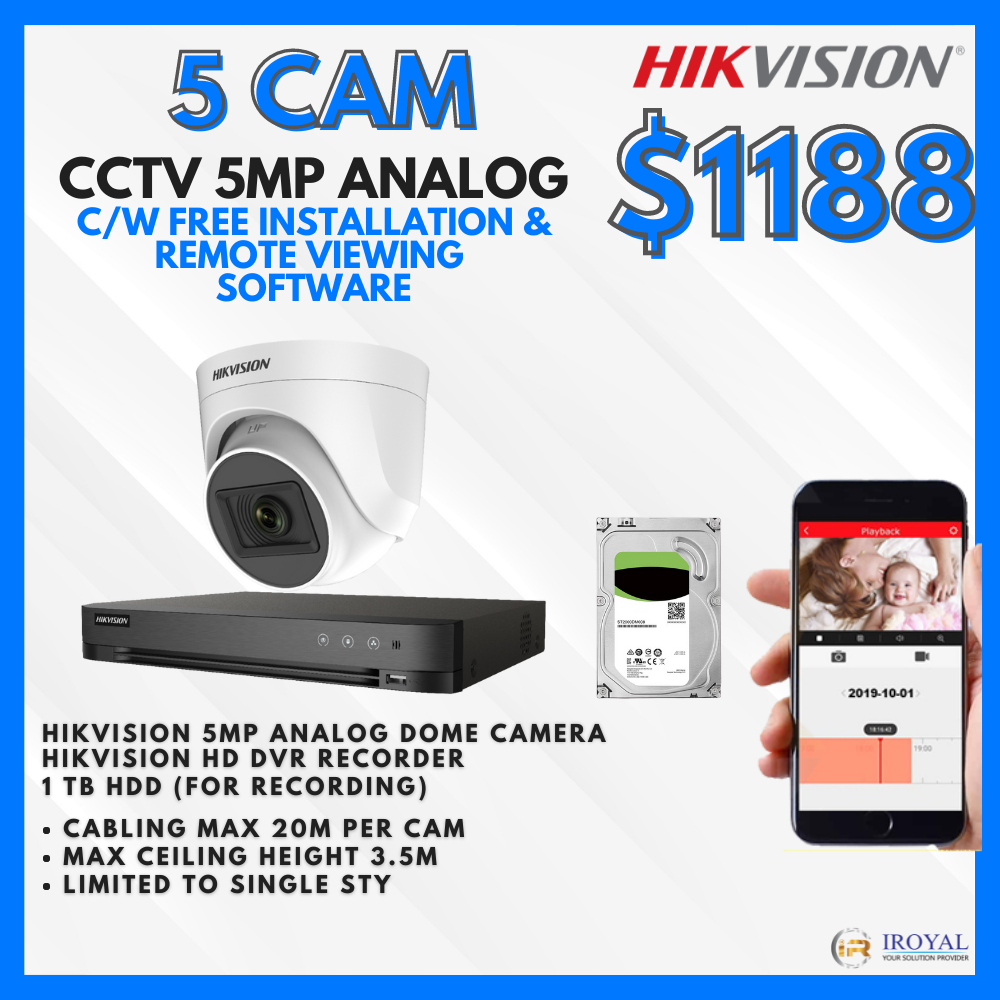 HIKVISION DS-2CE76H0T-ITPF(C) 5MP Ultra HD CCTV Camera Solution – 5 CAM Package | IR Night Vision | with Installation | Full HD 1080 | 24Hrs Recording