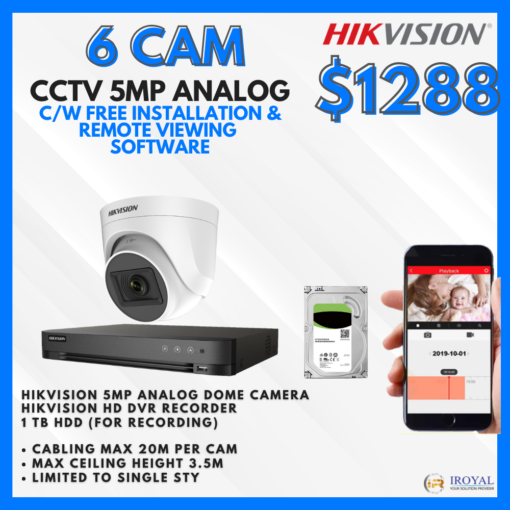 HIKVISION DS-2CE76H0T-ITPF(C) 5MP Ultra HD CCTV Camera Solution – 6 CAM Package | IR Night Vision | with Installation | Full HD 1080 | 24Hrs Recording