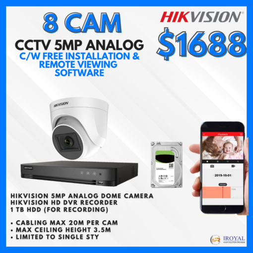 HIKVISION DS-2CE76H0T-ITPF(C) 5MP Ultra HD CCTV Camera Solution – 8 CAM Package | IR Night Vision | with Installation | Full HD 1080 | 24Hrs Recording