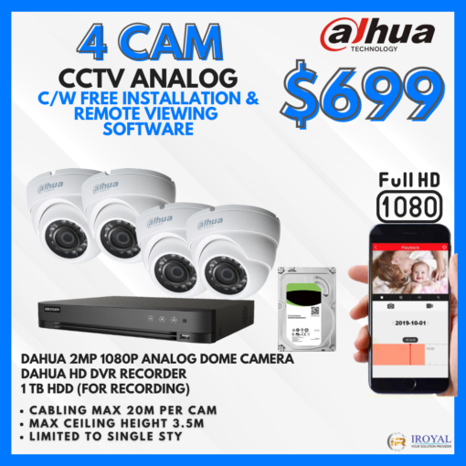 Dahua DH-HAC-HDW1200M HD CCTV Camera Solution – 4 CAM Package | IR Night Vision | with Installation | Full HD 1080 | 24Hrs Recording