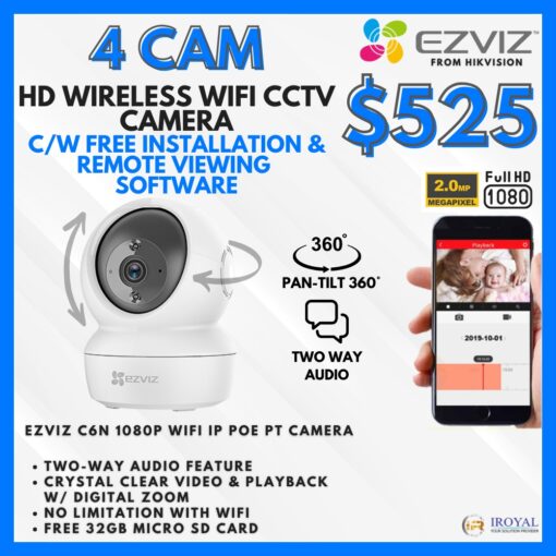 EZVIZ C6N Smart WiFi IP PT CCTV Solution – 4 CAM Package | IR Night Vision | with Installation | Full HD 1080 | 24Hrs Recording