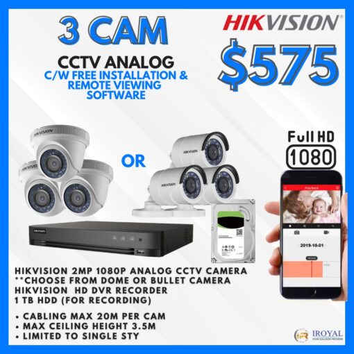 HIKVISION DS-2CE56C0T-IRF HD CCTV Camera Solution - 3 CAM Package | IR Night Vision | with Installation | Full HD 1080 | 24Hrs Recording