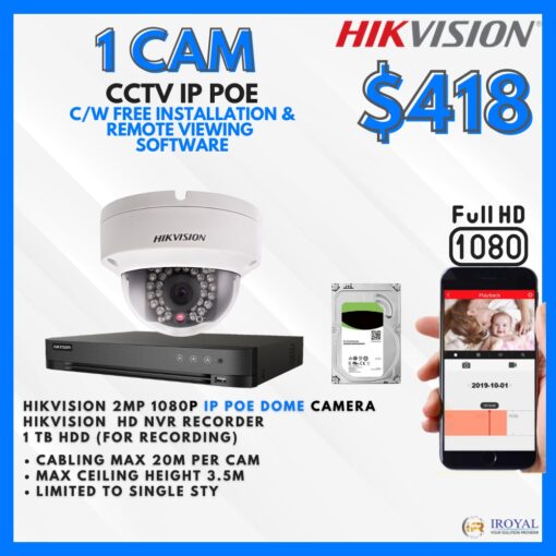 HIKVISION DS-2CD1123G0E-I CCTV Solution POE Network IP Package – 1 CAM Package | IR Night Vision | with Installation | Full HD 1080 | 24Hrs Recording