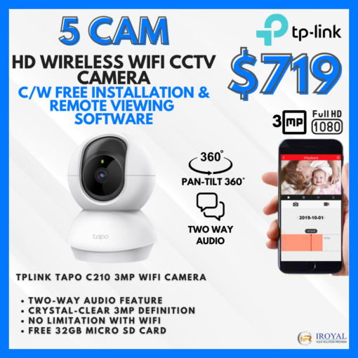 TPlink Tapo C210 3MP WiFi PT CCTV Solution – 5 CAM Package | Pan and Tilt | with Installation | Ultra-High-Definition Video | 32GB
