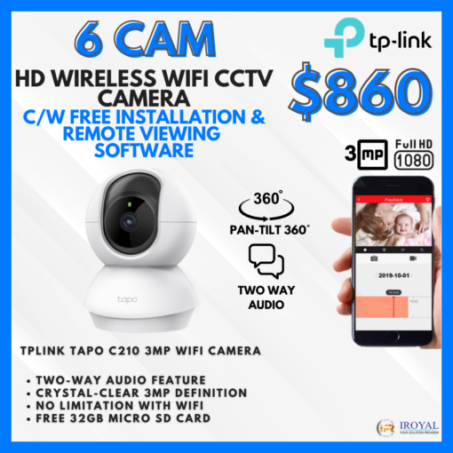 TPlink Tapo C210 3MP WiFi PT CCTV Solution – 6 CAM Package | Pan and Tilt | with Installation | Ultra-High-Definition Video | 32GB