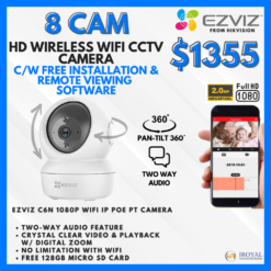 EZVIZ C6N Smart WiFi IP PT CCTV Solution – 8 CAM Package | IR Night Vision | with Installation | Full HD 1080 | 24Hrs Recording | 128GB