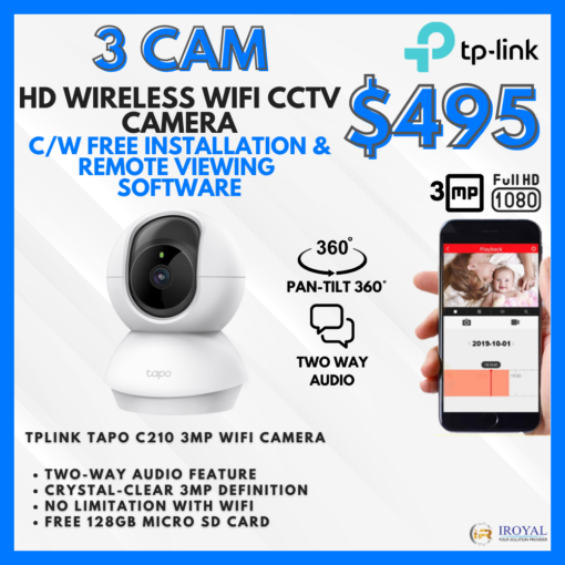 TPlink Tapo C210 3MP WiFi PT CCTV Solution – 3 CAM Package | Pan and Tilt | Two-Way Audio | Advanced Night Vision | Motion Detection | with Installation | Ultra-High-Definition Video | 128GB