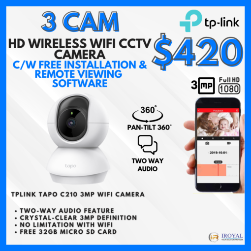 TPlink Tapo C210 3MP WiFi PT CCTV Solution – 3 CAM Package | Pan and Tilt | Two-Way Audio | Advanced Night Vision | Motion Detection | with Installation | Ultra-High-Definition Video | 32GB