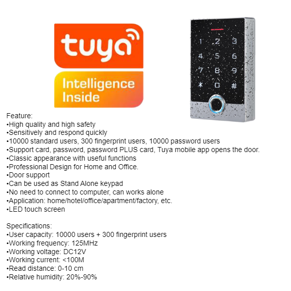 TF2 WiFi Tuya IP68 Waterproof Door Access Control System Standalone Keypad RFID Card Fingerprint Access Control Double Door