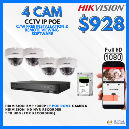 HIKVISION DS-2CD1123G0E-I CCTV Solution POE Network IP Package – 4 CAM Package | IR Night Vision | with Installation | Full HD 1080 | 24Hrs Recording