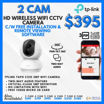 TPlink Tapo C210 3MP WiFi PT CCTV Solution – 2 CAM Package | Pan and Tilt | with Installation | Ultra-High-Definition Video | 128GB