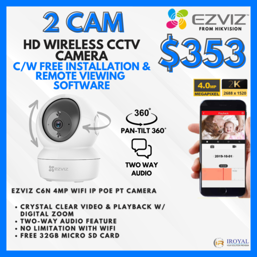 EZVIZ C6N 4MP Smart WiFi IP PT CCTV Solution – 2 CAM Package with Installation