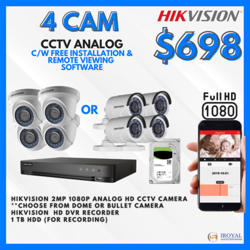 HIKVISION DS-2CE56C0T-IRF HD CCTV Camera Solution - 4 CAM Package | IR Night Vision | with Installation | Full HD 1080 | 24Hrs Recording