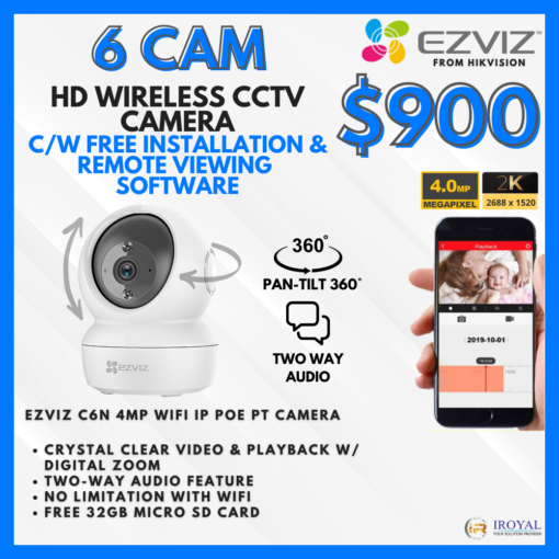 EZVIZ C6N 4MP Smart WiFi IP PT CCTV Solution – 6 CAM Package | IR Night Vision | with Installation | 2k 2688 x 1520 | 24Hrs Recording