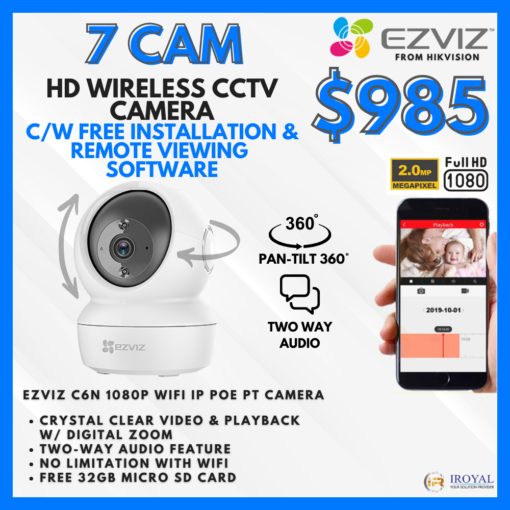 EZVIZ C6N Smart WiFi IP PT CCTV Solution – 7 CAM Package | IR Night Vision | with Installation | Full HD 1080 | 24Hrs Recording