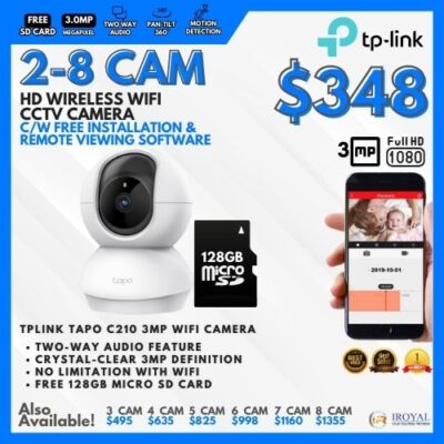 TPlink Tapo C210 3MP WiFi PT CCTV Solution – 2 CAM Package | Pan and Tilt | with Installation | Ultra-High-Definition Video | 128GB