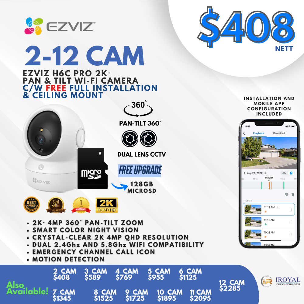 EZVIZ H6C Dual 2K Dual Lens Pan Tilt Smart Color Night Vision Auto Smart Tracking WiFi Camera with 64GB microSD card