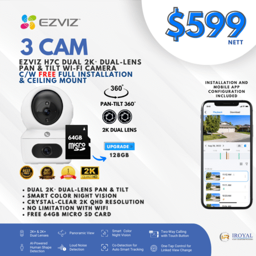EZVIZ H7C Dual 2K Dual Lens 3 CAM PACKAGE Pan Tilt Smart Color Night Vision Auto Smart Tracking WiFi Camera with 64GB microSD card