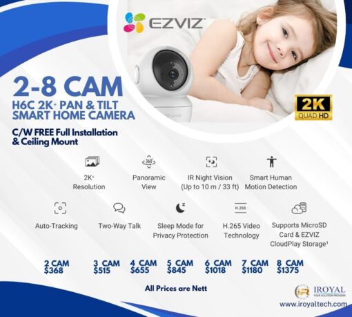 EZVIZ H6C 2K 2 TO 8 CAM Pan Tilt Smart Color Night Vision Auto Smart Tracking WiFi Camera