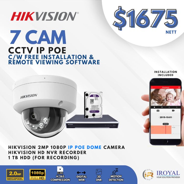 HIKVISION DS-2CD1123G0E-I CCTV Solution POE Network IP Package – 7 CAM Package | IR Night Vision | Water and dust resistant (IP67) and vandal resistant (IK10) | Efficient H.265+ compression technology | Support smart motion detection | remote viewing/playback from mobile | with Installation | Full HD 1080 | 24Hrs Recording