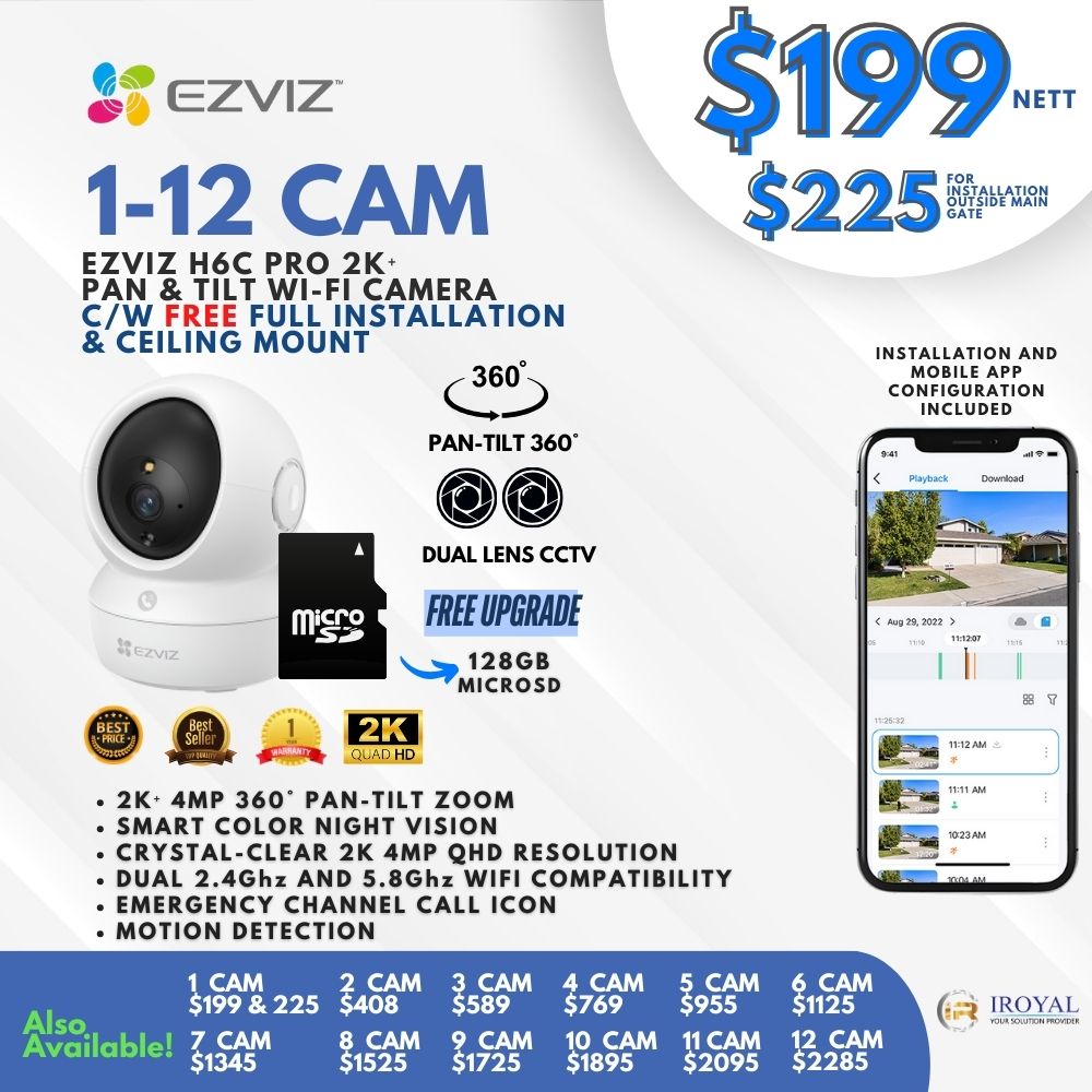 EZVIZ H6C Dual 2K Dual Lens Pan Tilt Smart Color Night Vision Auto Smart Tracking WiFi Camera with 64GB microSD card
