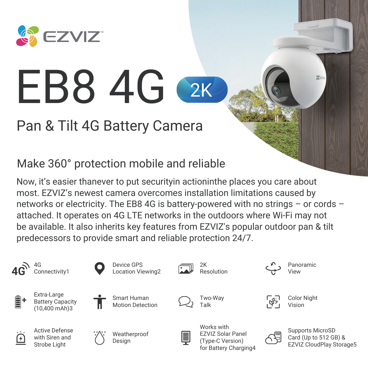 EZVIZ EB8 4G SIM Card 2K Pan & Tilt Wire-Free Battery IP CCTV Camera with Solar Panel 3 1