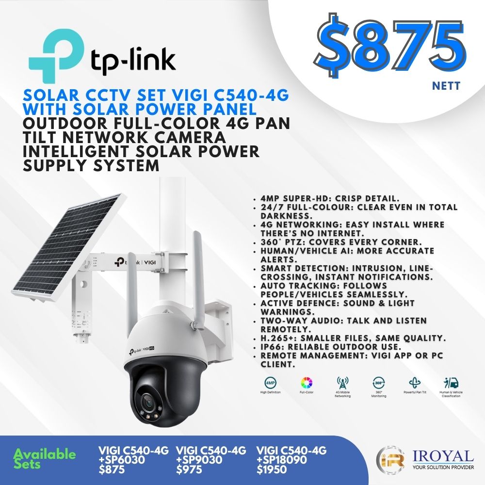 TPLINK SOLAR CCTV SET VIGI C540 4G 4MP Outdoor Full Color 4GPan Tilt Network Camera AND VIGI SP9030 Intelligent Solar Power Supply System (1)