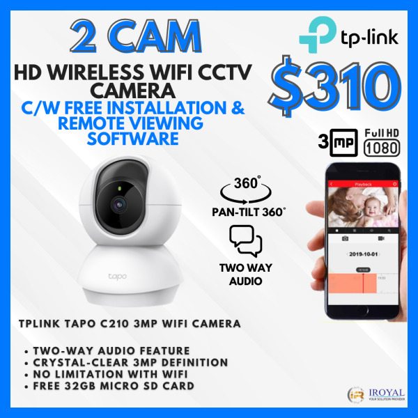 TPlink Tapo C210 3MP WiFi PT CCTV Solution – 2 CAM Package | Pan and Tilt | with Installation | Ultra-High-Definition Video | 32GB