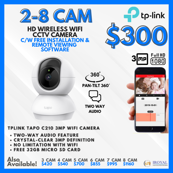 TPlink Tapo C210 3MP WiFi PT CCTV Solution – 2 CAM Package | Pan and Tilt | Two-Way Audio | Advanced Night Vision | Motion Detection | with Installation | Ultra-High-Definition Video | 32GB