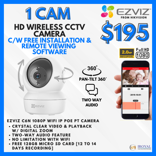 EZVIZ C6N Smart WiFi IP PT CCTV Solution – 1 CAM Package | IR Night Vision | with Installation | Full HD 1080 | 24Hrs Recording | 128GB